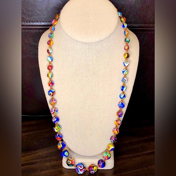 VINTAGE Graduated Millefiori Italian Hand Blown Glass Bead Necklace 24” - Picture 5 of 15